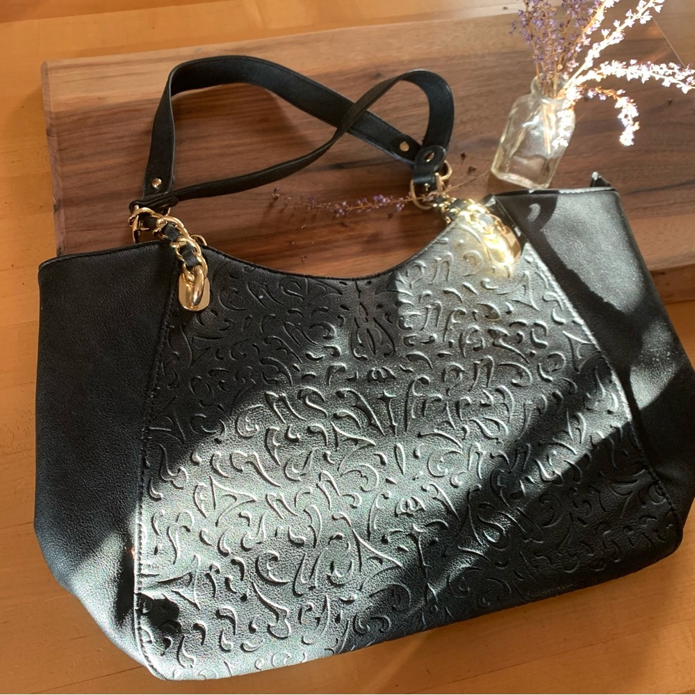 Black Faux Leather Shoulder Bag Embossed Faux Leather Stamped Vegan Leather Gold